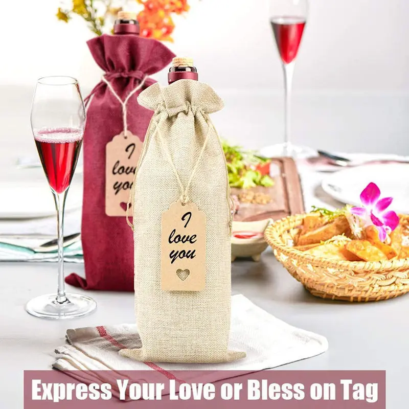 New 12 Pcs Wine Bags Jute Wine Bottle Bags with Drawstrings Reusable Wine Gift Bags with Tags for Party Simple Wine Bag