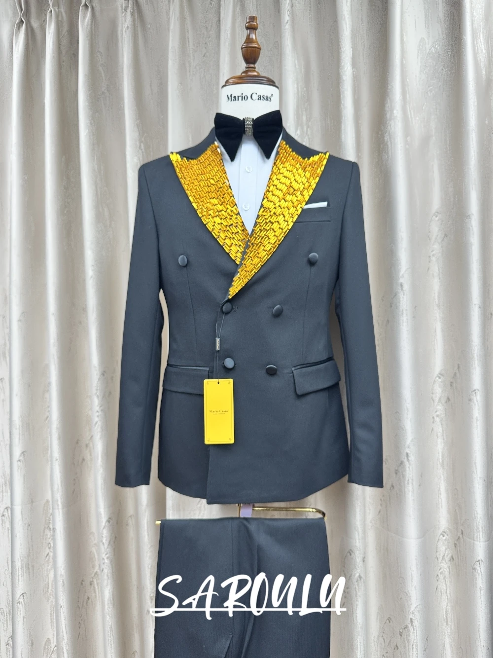 Gold Embellished Lapel Double Breasted Men Suit Luxury Wedding Party Jacket Pants 2 Pieces Tuxedo Fashion Gentleman Groom Wear
