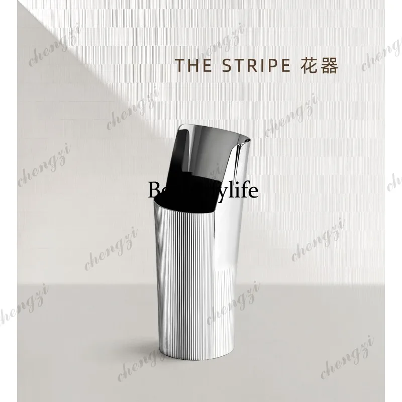 Nordic style striped stainless steel vase ornament living room dining room decorative flower ware high-end
