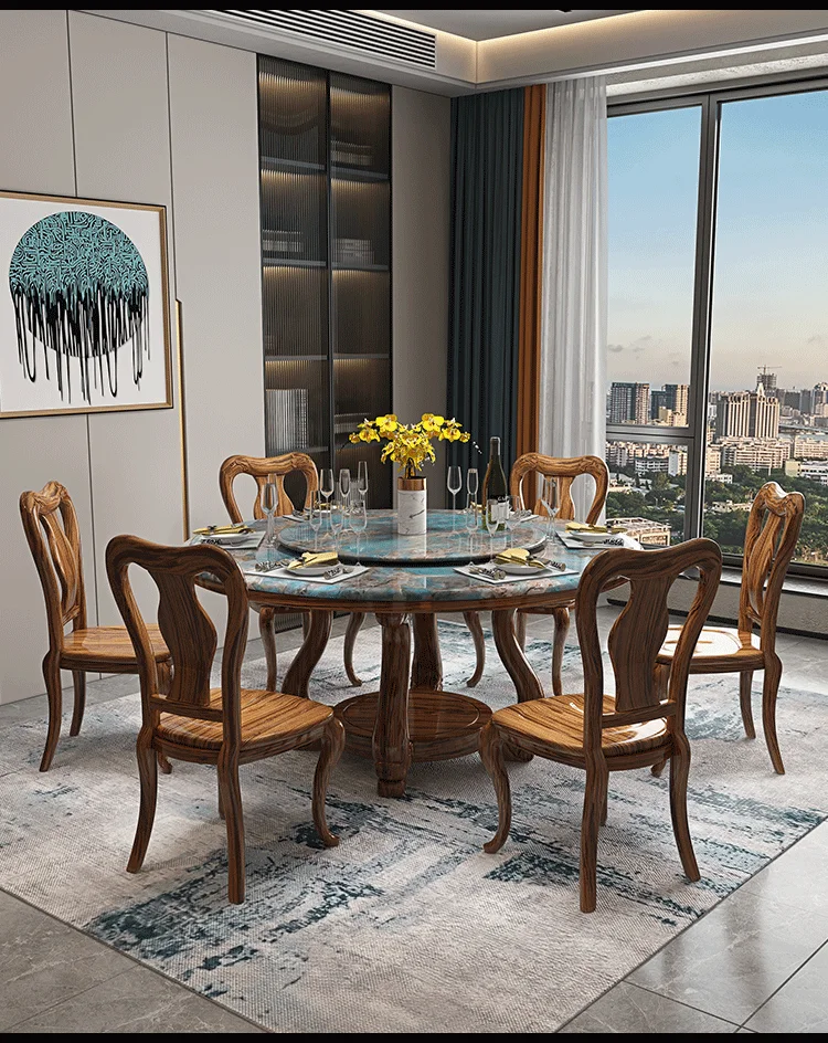 Dining Table and Chair Combination New Chinese Style Marble Round with Turntable Ebony Wood Restaurant for 8 People Gathering