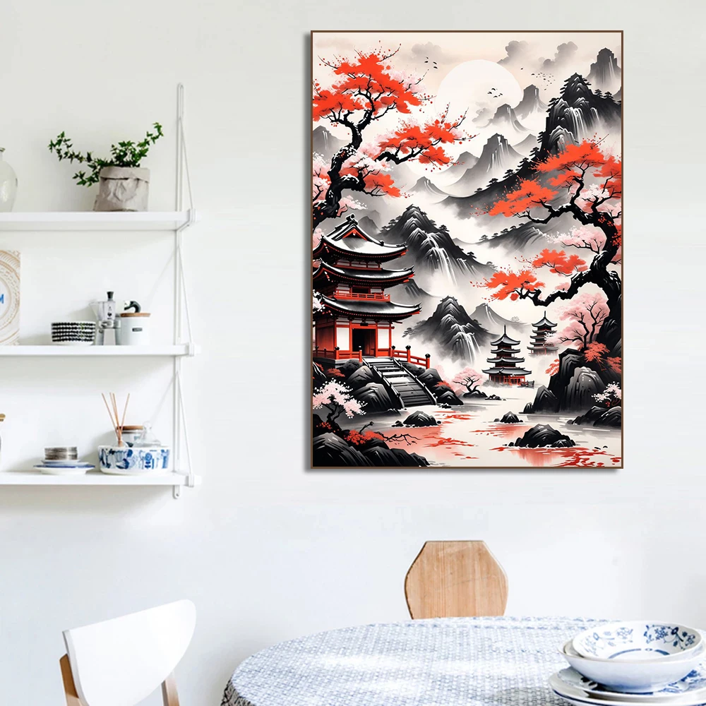 Japanese Cherry Blossoms Temple Torii Gate Landscape Posters and Print Canvas Painting Wall Art Pictures Living Room Home Decor
