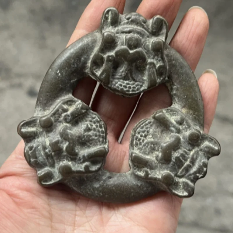 Vintage Bronze Three Beast Face Tiger Head Belt Buckle - Chinese Folk Art Door Knocker Accessory Collectible Craft
