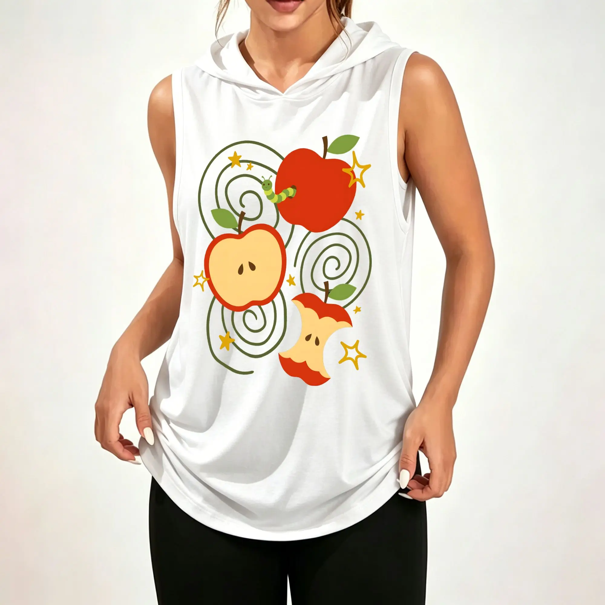 Women Sleeveless Hooded Tank Top, Cute Apple & Caterpillar Swirl Star Cartoon Graphic Print Casual Hooded Sleeveless Top ****