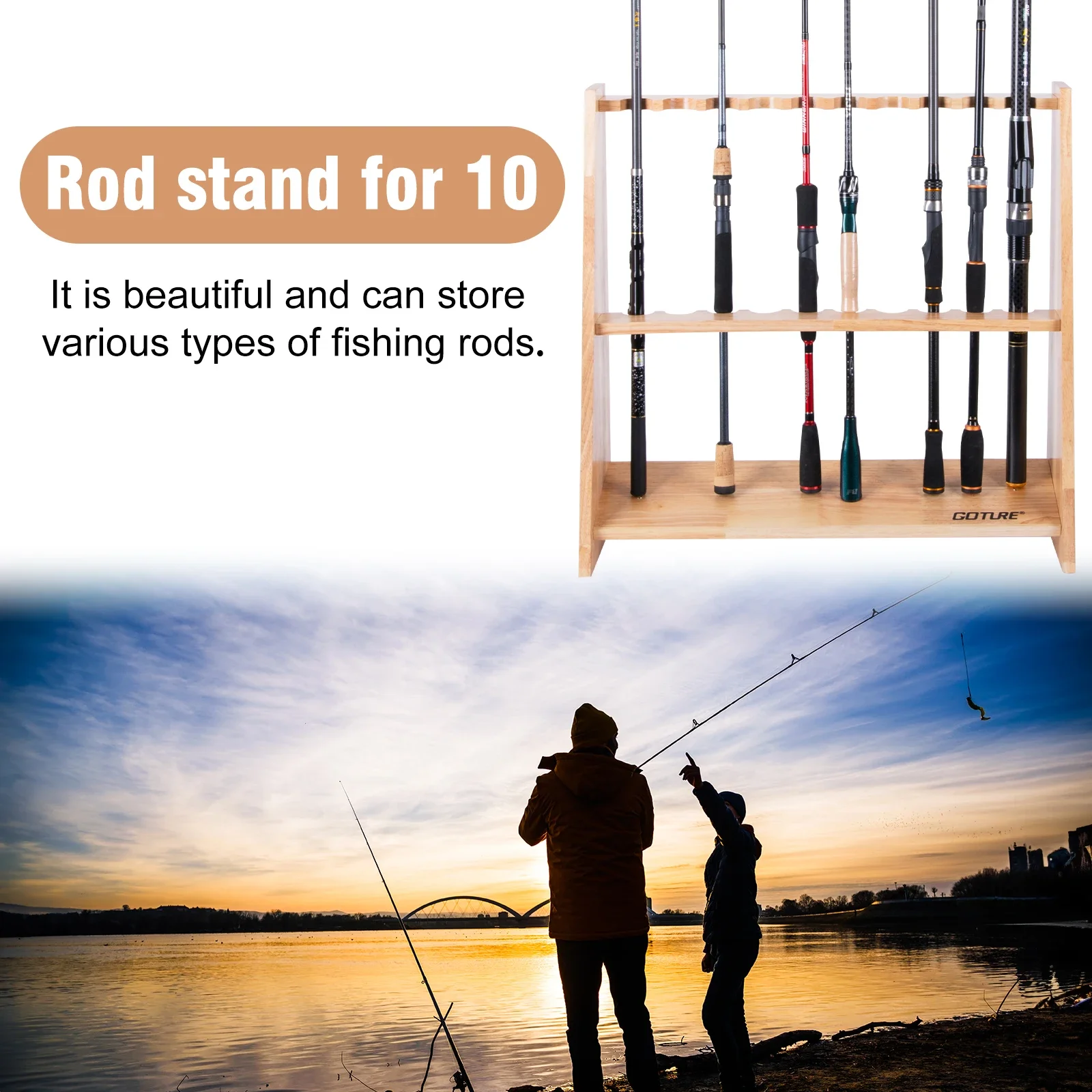 

Goture Solid Wood Fishing Rod Holder 10-Rods Wall Mount Floor Stand Universal Pole Organizer for Spinning Casting Rods