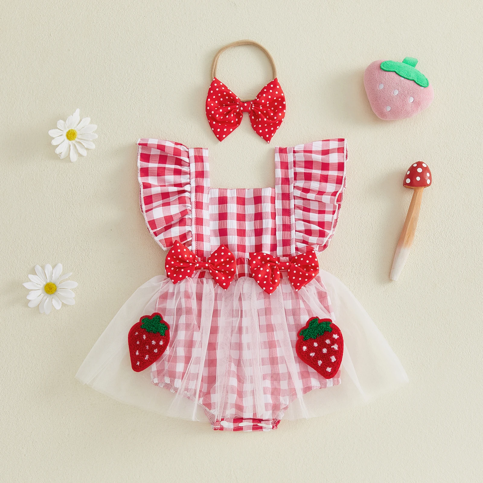 Baby Girl Summer Romper Dress Plaid Flutter Sleeve Square Neck Jumpsuit with Tulle Skirt Hem Bodysuits Bow Headband