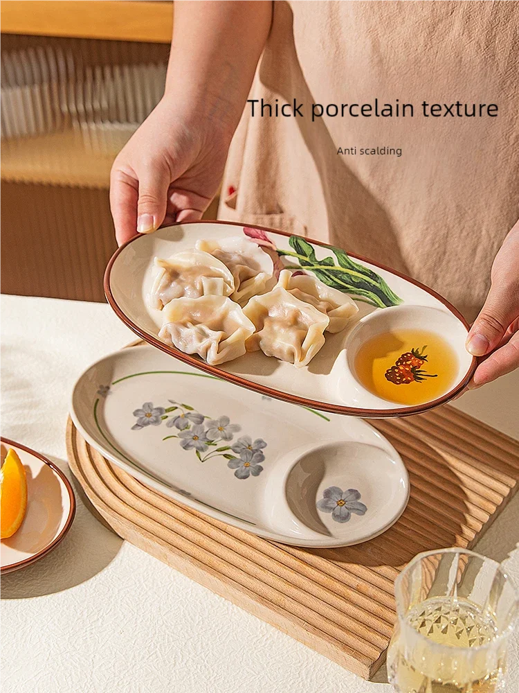 Винтажная овальная тарелка с оригинальным цветочным узором, разделенная керамическая посуда, домашняя кухня, 2 сетки, фарфоровая сервировочная посуда для пельменей