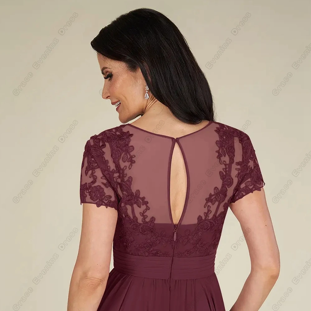 Burgundy Short Sleeve Mother of Bride Dresses with Lace Chiffon Scoop Wedding Party Dresses with Lace 2024 Summer Robe De Soirée