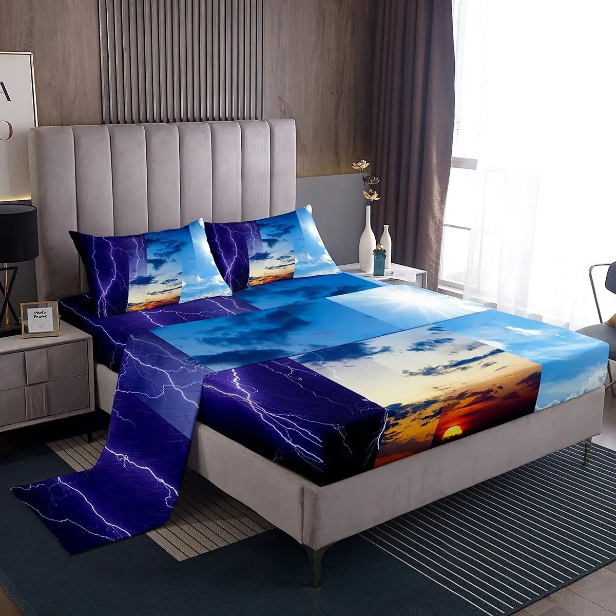 

Lightning Sheet Set Sky Image Collage Fitted Sheet Sun Blue Sky Bed Cover Fashion Weather Change Print Bedroom Decor King Size