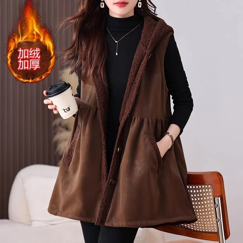 Large Size Women's Oversized Vest Overcoat Hooded Mid-Length Fur-Lined Trendy Autumn Winter Waistcoat W1315