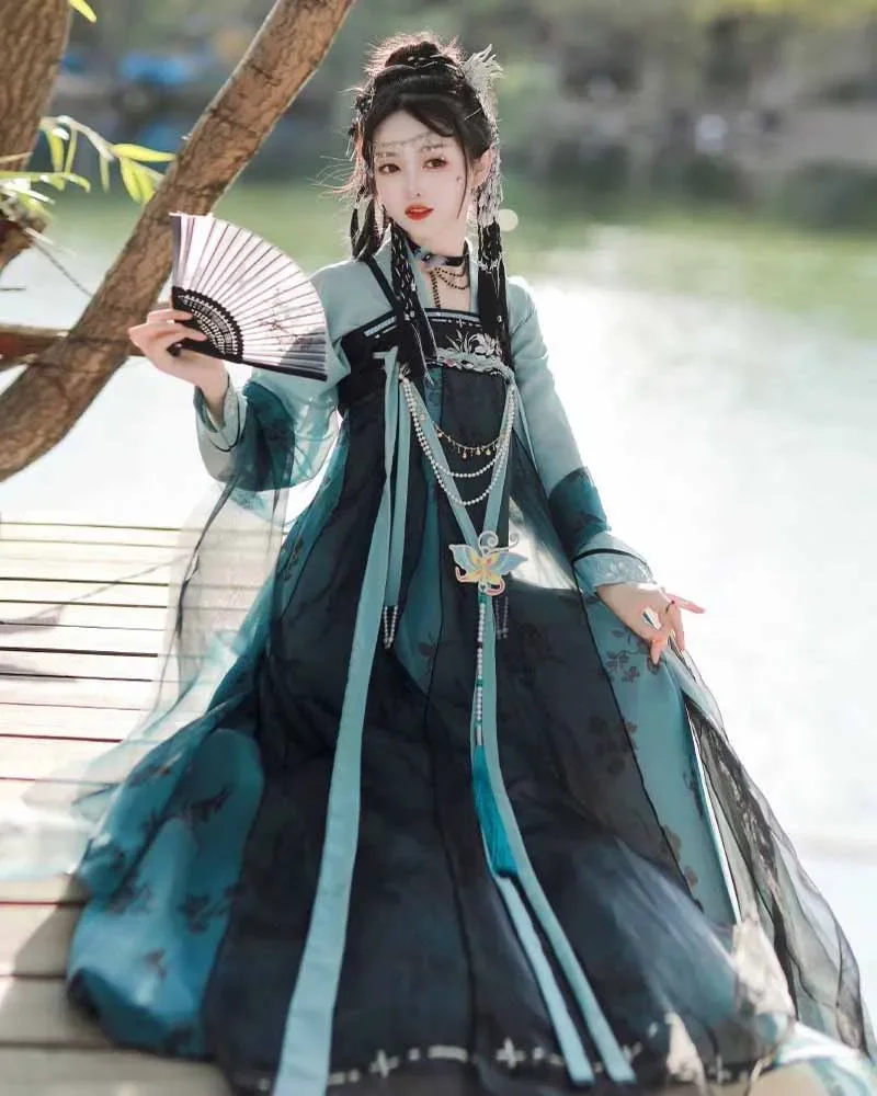 Strój Hanfu z dynastii Tang, starożytny tradycyjny haft, kostium do cosplay, fioletowo-niebieska sukienka Hanfu, popularna chińska sukienka Hanfu dla kobiet QWRE