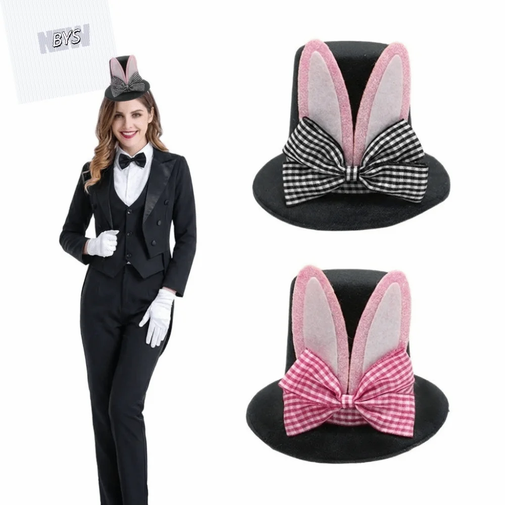 

Casual Plaid Bow Top Hat Realistic Velvet Easter Bunny Bucket Hat Plush Dress up Headdress Rabbit Ear Hat Ladies