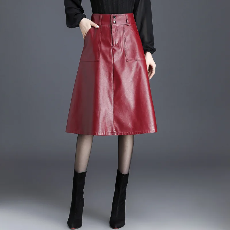 #1603 Black Red Faux Leather Skirt Women Split Joint Office PU Skirt Female High Waisted A-line Skirt Knee-length Pockets Winter