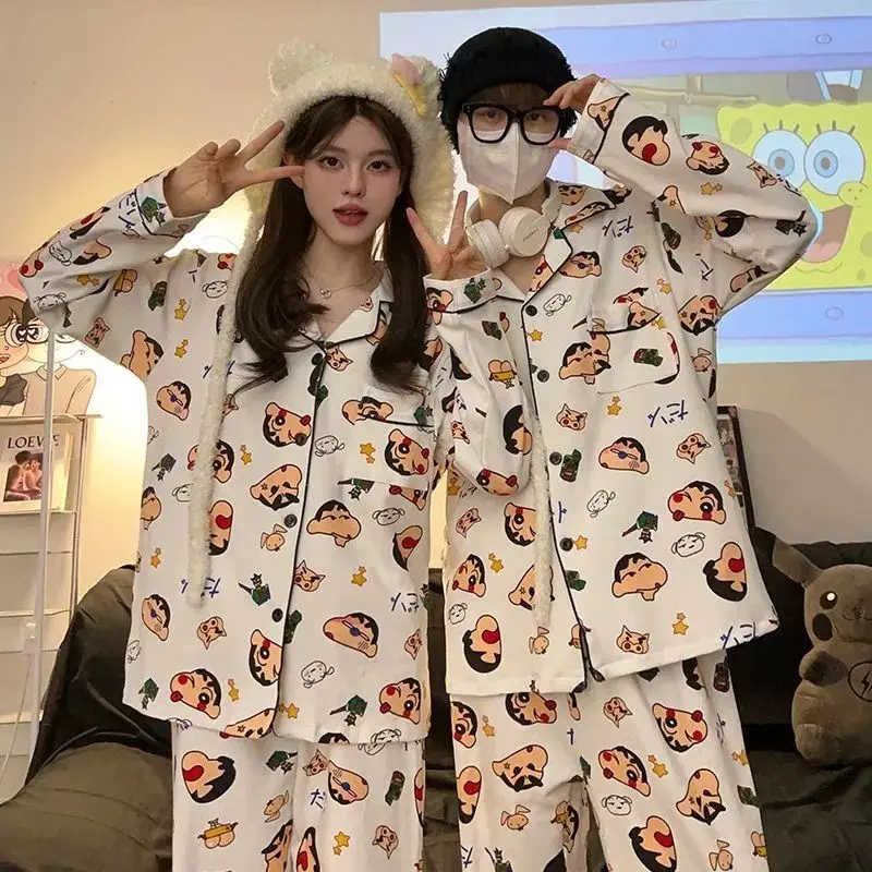 Men's and Women's Summer Crayon Shin Chan Pajamas Cartoon Couple Long Sleeve Long Pants Loose Home Clothing Set Comfortable