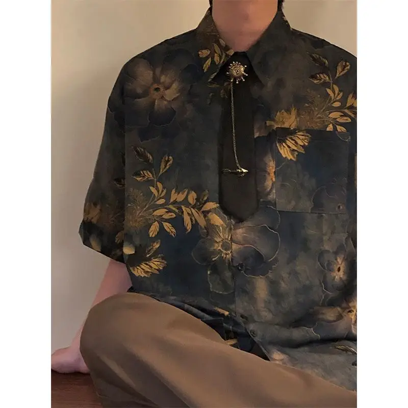 Summer Men Floral Vintage Short Sleeve Shirt With Tie 70s Fashion Casual Retro Business Classic Loose Blouse Clothing Navy Blue
