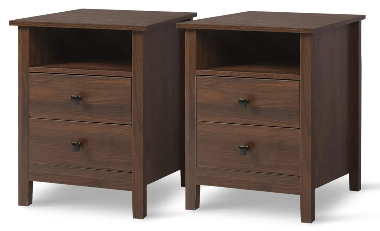 Wood Nightstand Set of 2 with Drawer & Open Storage, Tall Bedside Table for Bedroom, Brown Cherry Finish, Customized