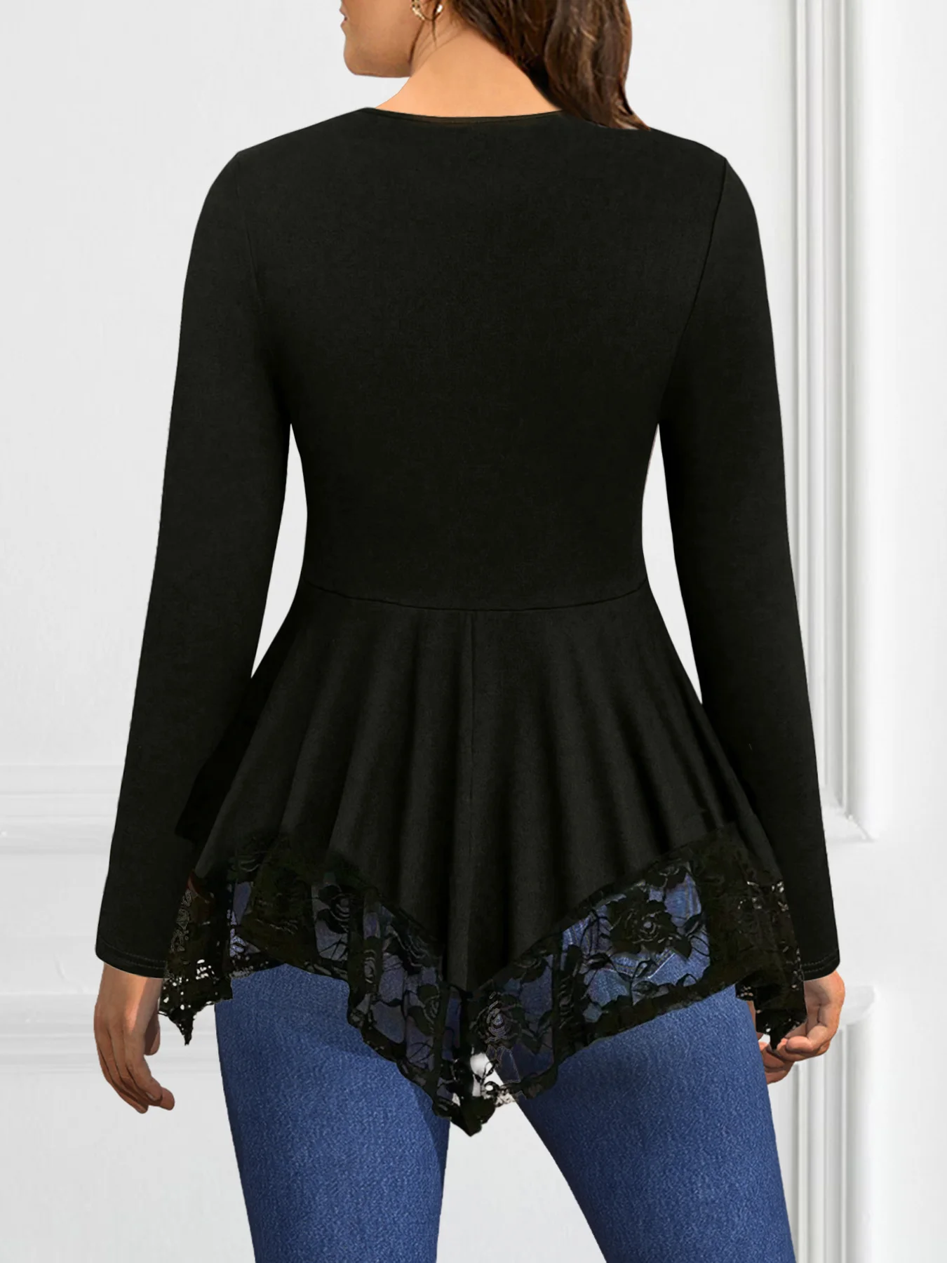 Women Plus Size Long Sleeve T shirt Casual Black Lace-Up Lace Patchwork V-Neck Autumn Spring Basic Soft Pullovers Tee Top