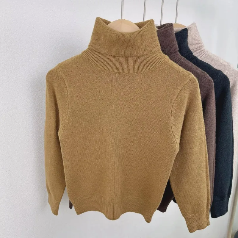 Children High-neck Knit Top Boys Girls Long-sleeve Sweater Kids Base Layer Warm Clothing Plain Color Knit Versatile Comfortable