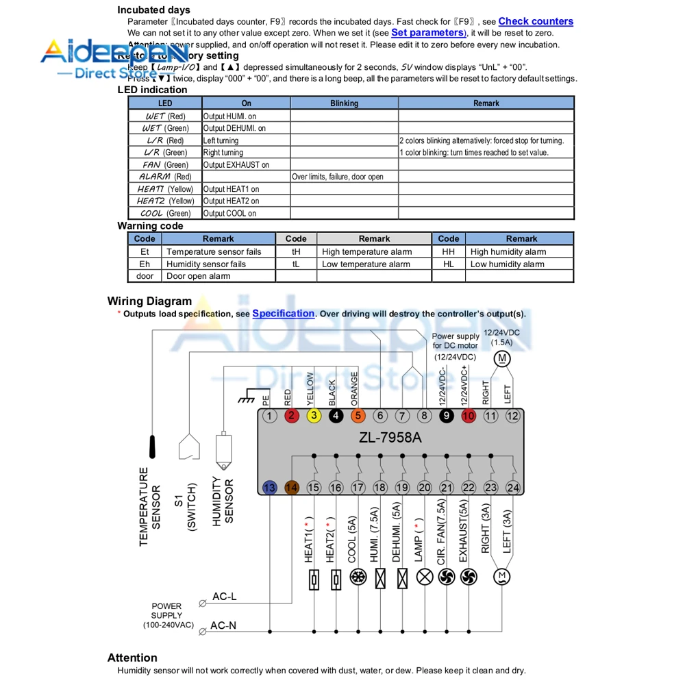 AC 100-240V ZL-7958A Multifunctional Incubation Controller Intelligent Temperature Humidity Temperature and Humidity Controller