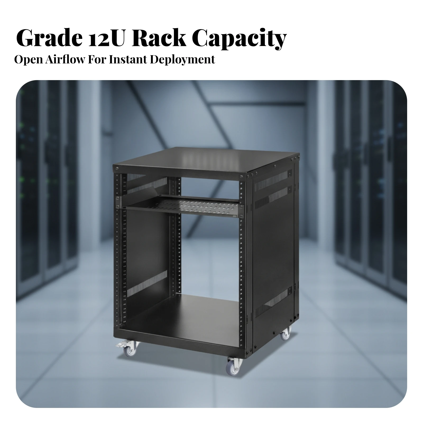 12U Rack Cabinet 19-Inch Compatible Open Frame Rack Cabinet Space-Saving Cold-Rolled Steel for Office, Studio