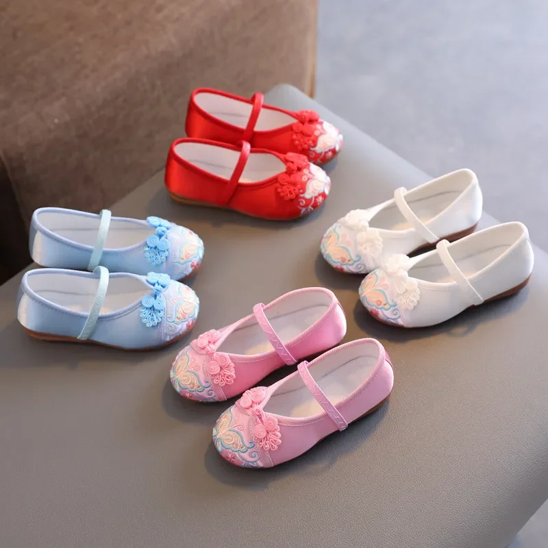 

Girls' Hanfu Shoes Kid Embroidered Flat Shoe s Ethnic Style Cloth Student Ancient Style Girls Performance Shoe