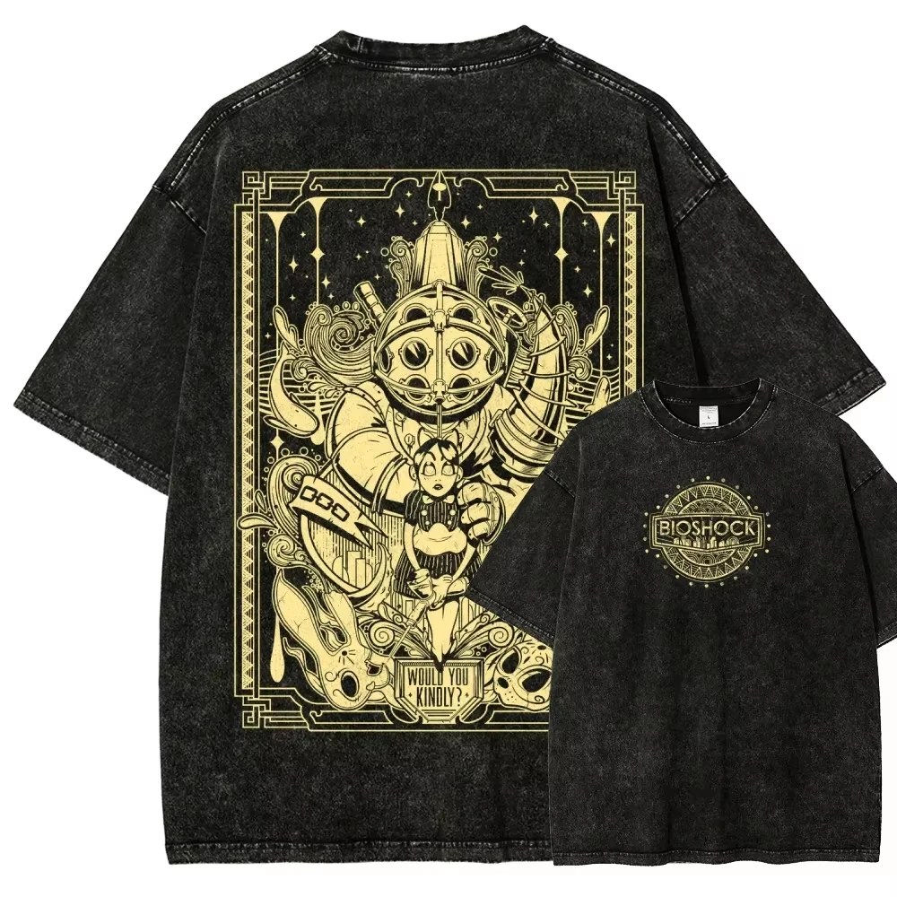Klassisches Retro-Shooter-Spiel Bioshock Grafik-Print T-Shirt für Männer und Frauen Neues Harajuku Übergroßes Unisex-Paar-T-Shirt im Used-Look – Detail 8