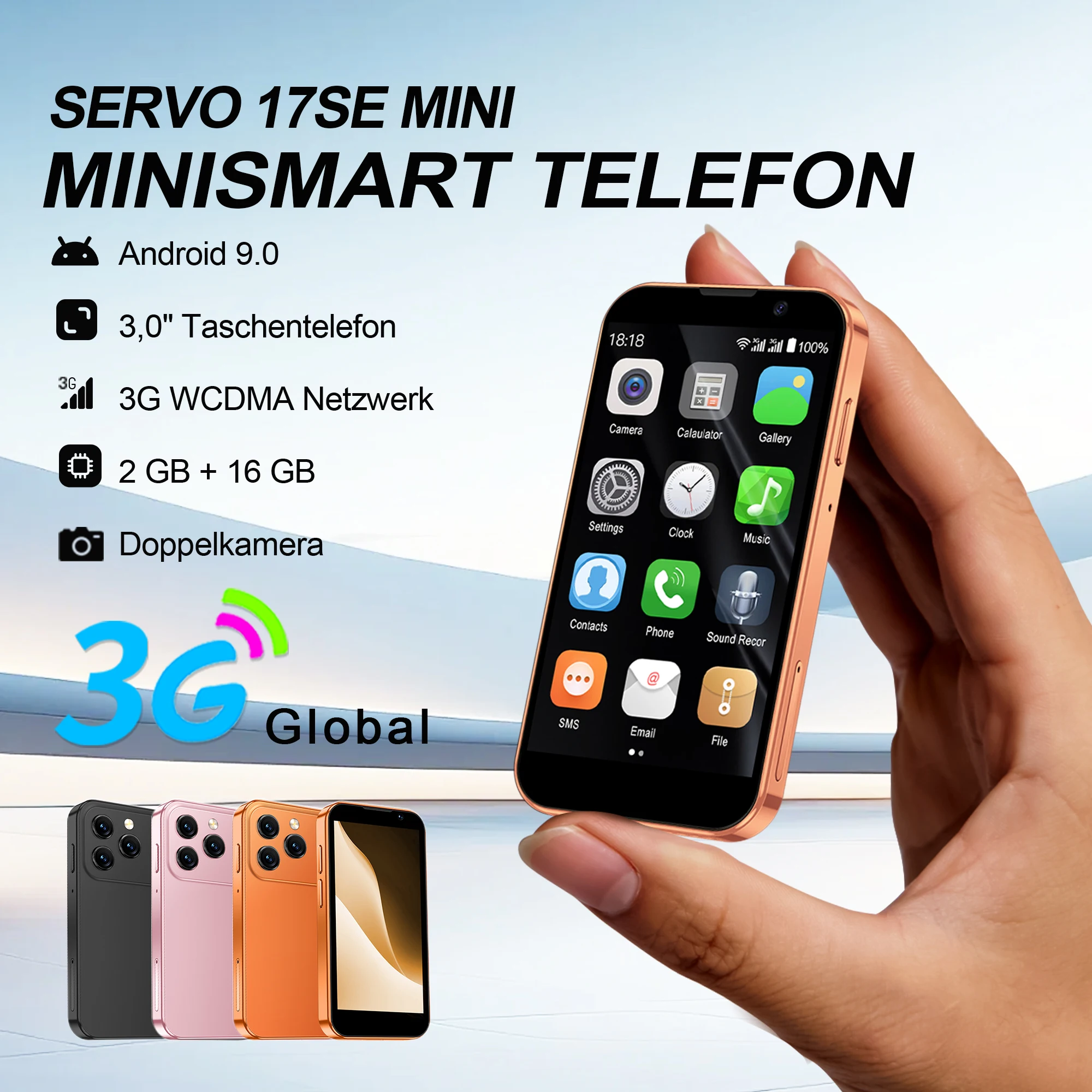 SERVO 17SE MINI Smartphone 3G WCDMA Android-System Dual-SIM 2GB RAM 16GB ROM 3,0-Zoll-Display Play Store Gesichtserkennung GPS Hotspot Kamera Taschenlampe Kleines Taschenhandy