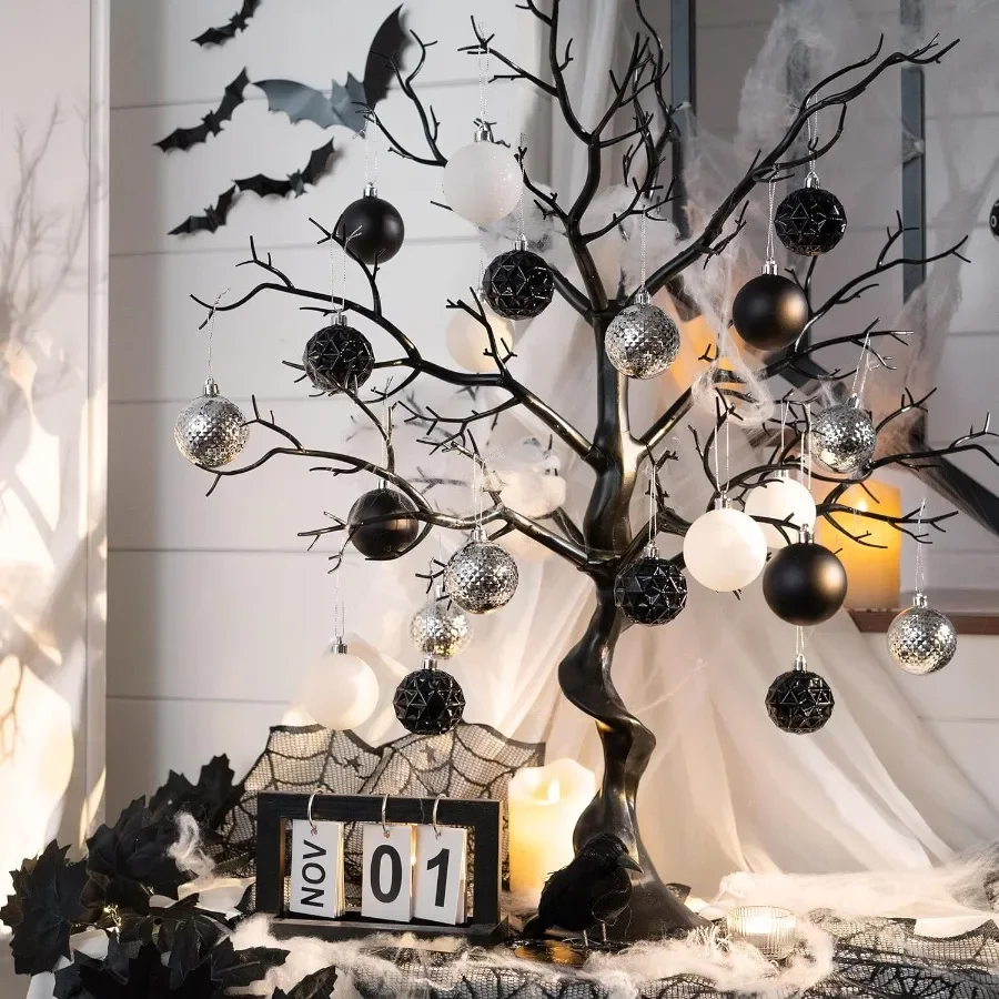 50 قطعة أبيض وأسود شاتيربروف عيد الميلاد الكرة الحلي مجموعة لخريف الهالوين وديكور عطلة 2.36 بوصة معلقة Orna
