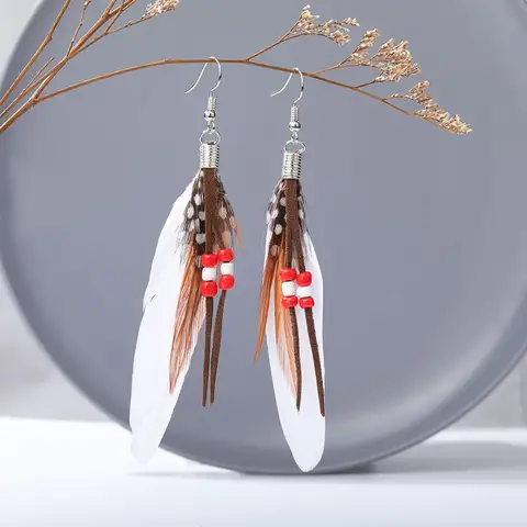 Red fashion accessories for women, feather earrings for women, Bohemian style beaded tassel feather earrings