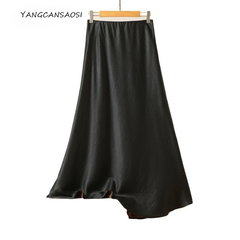 

Fashion Women's Clothing Oblique Cut 100% Natural Mulberry Silk Gambiered Guangdong Gauze Black Elastic Waist Fishtail Skirt