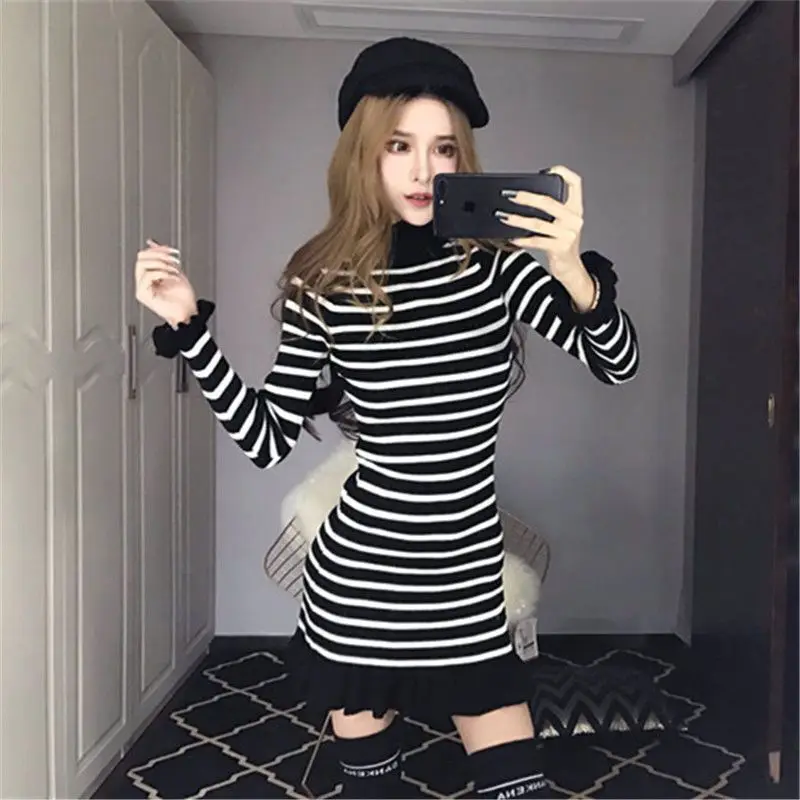 Ruffles Striped Long Sleeve Mini Dresses Women Knitted Patchwork Slim Sexy Turtleneck Flattering Waist High Elasticity All-match