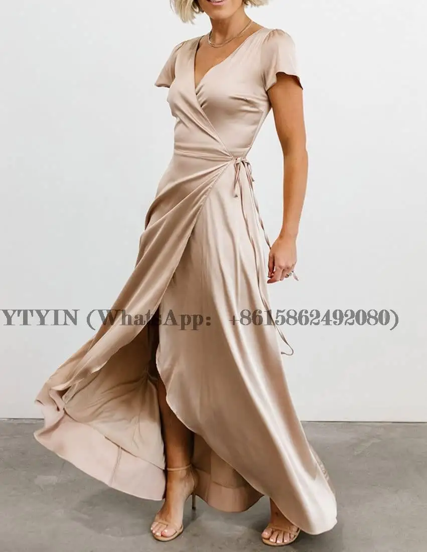 V Neck Bridesmaid Dresses Satin A Line Formal Evening Dresses Wedding Guest Dresses Sleeve and Slit for Women Customized