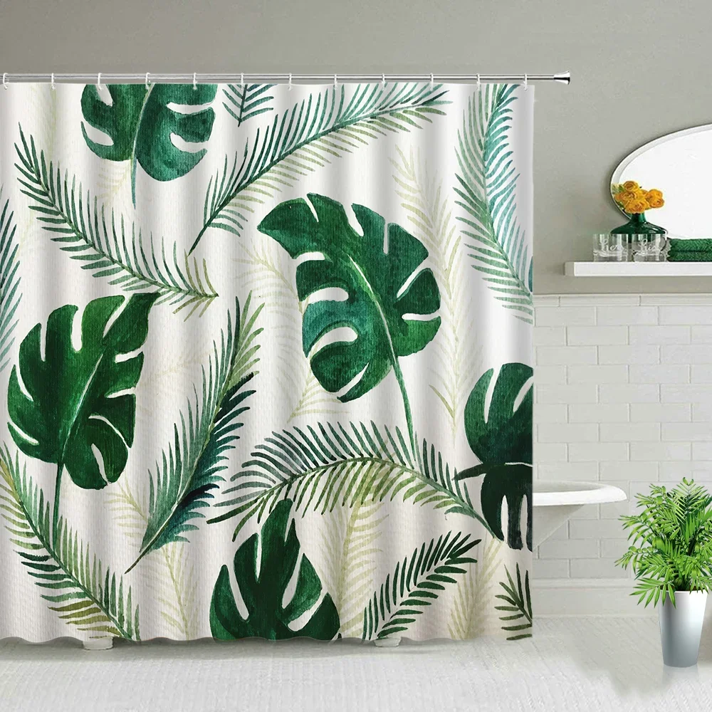 Green Leaves Printing Shower Curtain Tropical Plants Monstera Natural Scenery Bathroom Curtains With Hooks Bathtub Decor Screens