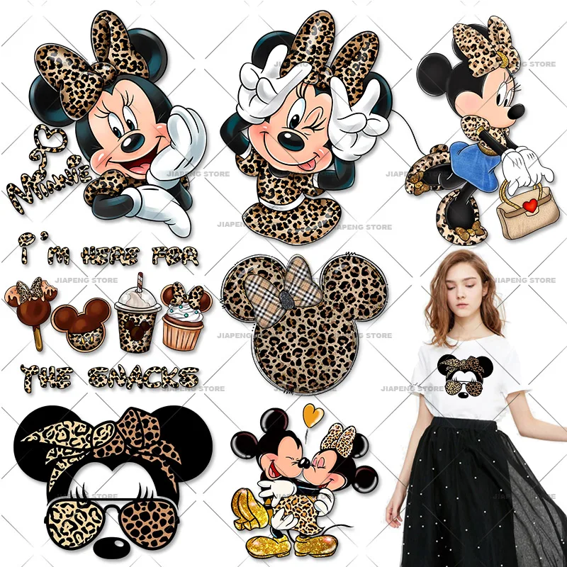 Leopard Minnie Mouse Stickers for Clothes Fashable Printed Iron-on Transfer for Clothing Appliques Patches on Jacket Decor DIY