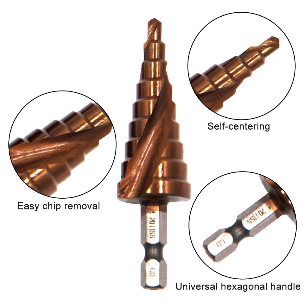 M35 Cobalt Containing Hexagonal Spiral Step Drill Stainless Steel Tapping 4-20mm Pagoda Drill 1PC Cutting Tool Drilling Bit Tool
