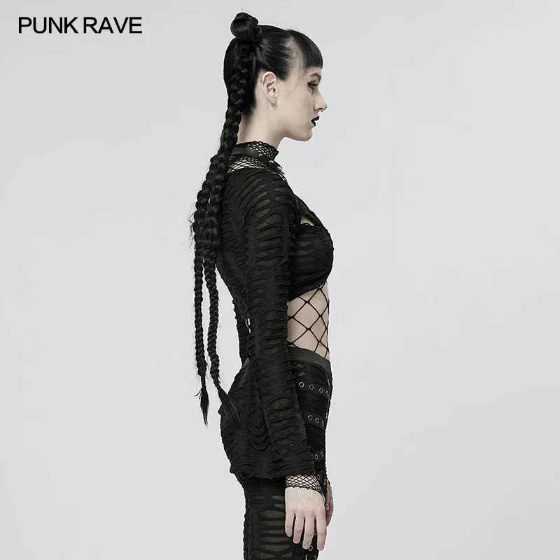 PUNK RAVE Women's Dark Elastic Perforated Sexy T-shirt Punk Fashion Long Sleeves Short Jacket Tops Spring & Summer Women Clothes