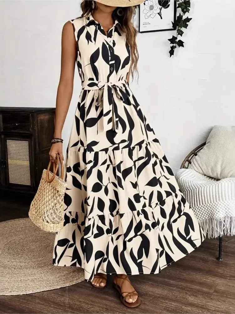 

Lady Print Shirt Dress Fashion Sleeveless Turn-down Collar Button Lace-up Loose Dresses For Women Casual Holiday Womens Clothing