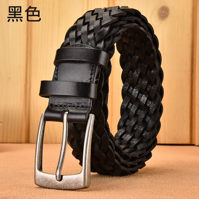Women Men Braided Leather Belt Hand Woven Genuine Cowhide Pin Buckle for Jeans Pants Dress Vintage Casual Unisex Waistband
