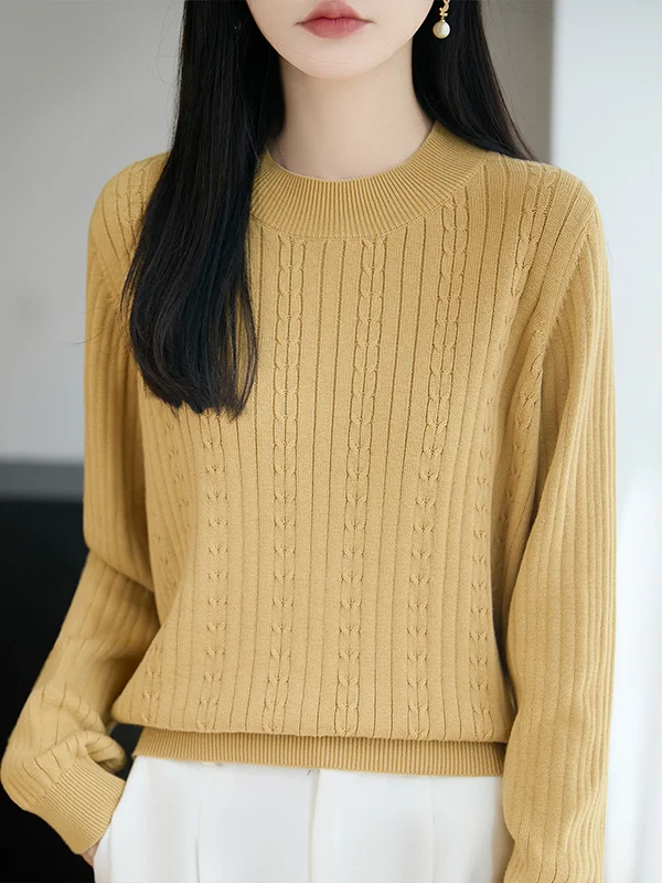 Autumn Winter Women's Loose Fit Cotton Knitwear round Neck Striped Base Shirt Sweater Comfortable Breathable Pure Cotton Knit