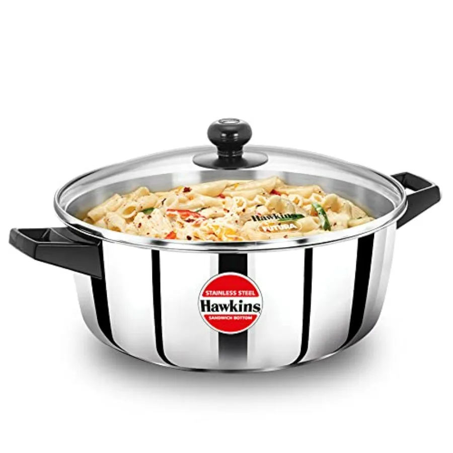 

5 Litre Cook n Serve Casserole, Stainless Steel Saucepan with Glass Lid, Induction Pan, Sauce Pan for Cooking and Serving, Black