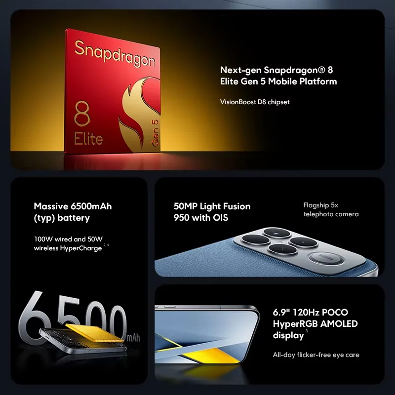 Teléfono Inteligente Poco F8 Ultra Versión Global, Teléfono Móvil Snapdragon ® 8 Elite Gen 5, Batería de 6500 mAh, Carga Rápida de 100 W, Pantalla de 6.9 Pulgadas y 120 Hz, NFC, 5G 3