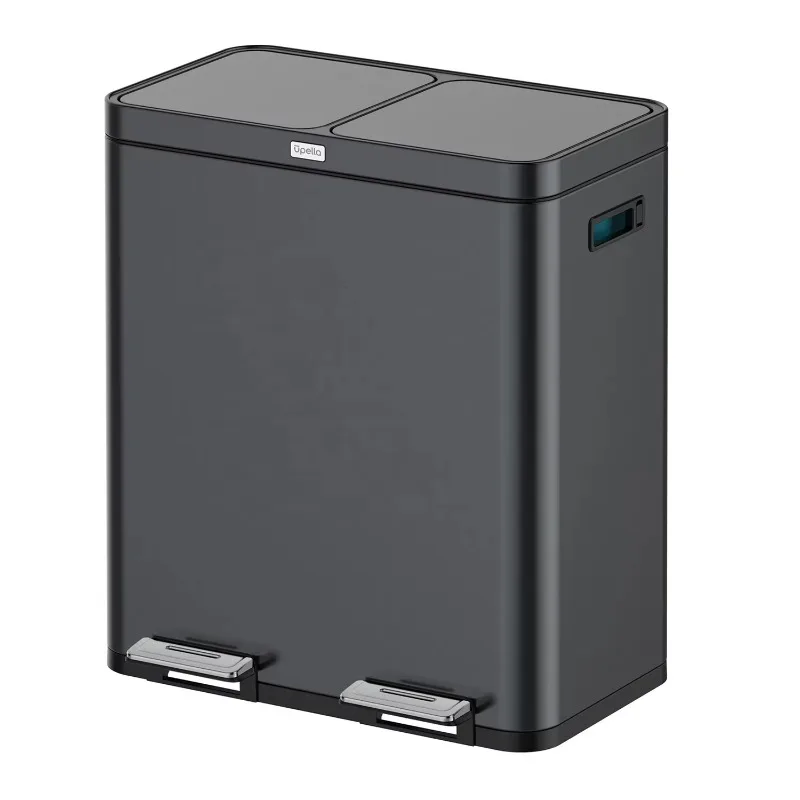 

15Gallon Kitchen Household Indoor Stainless Steel Recycling Double Compartment Waste Bin Black Metal Recycle Trash Can