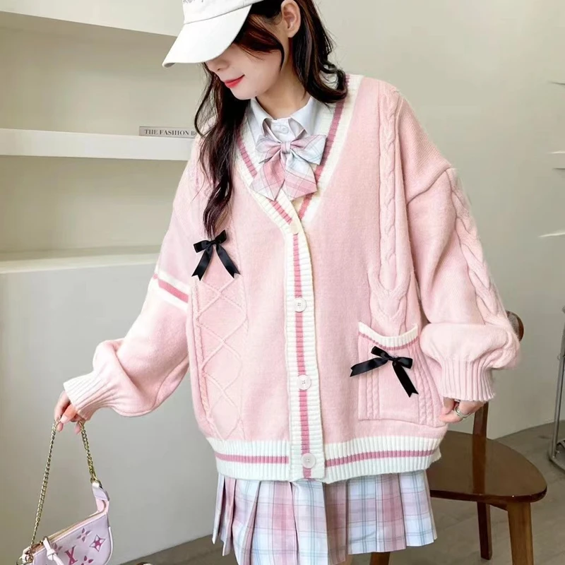 Casual Sweet Bow Cardigans Women Autumn Winter Japanese Sweaters Preppy Style Knitted Korean Y2K Vintage V-Neck Long Sleeve Tops 4 Casual Sweet Bow Cardigans Women Autumn Winter Japanese Sweaters Preppy Style Knitted Korean Y2K Vintage V-Neck Long Sleeve Tops 4