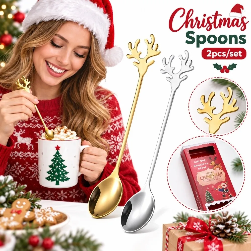 2pcs/set New Xmas Antlers Dessert Spoons Stainless Steel Tree-Shaped End Coffee Spoons Long Handle Present Box Table Setting