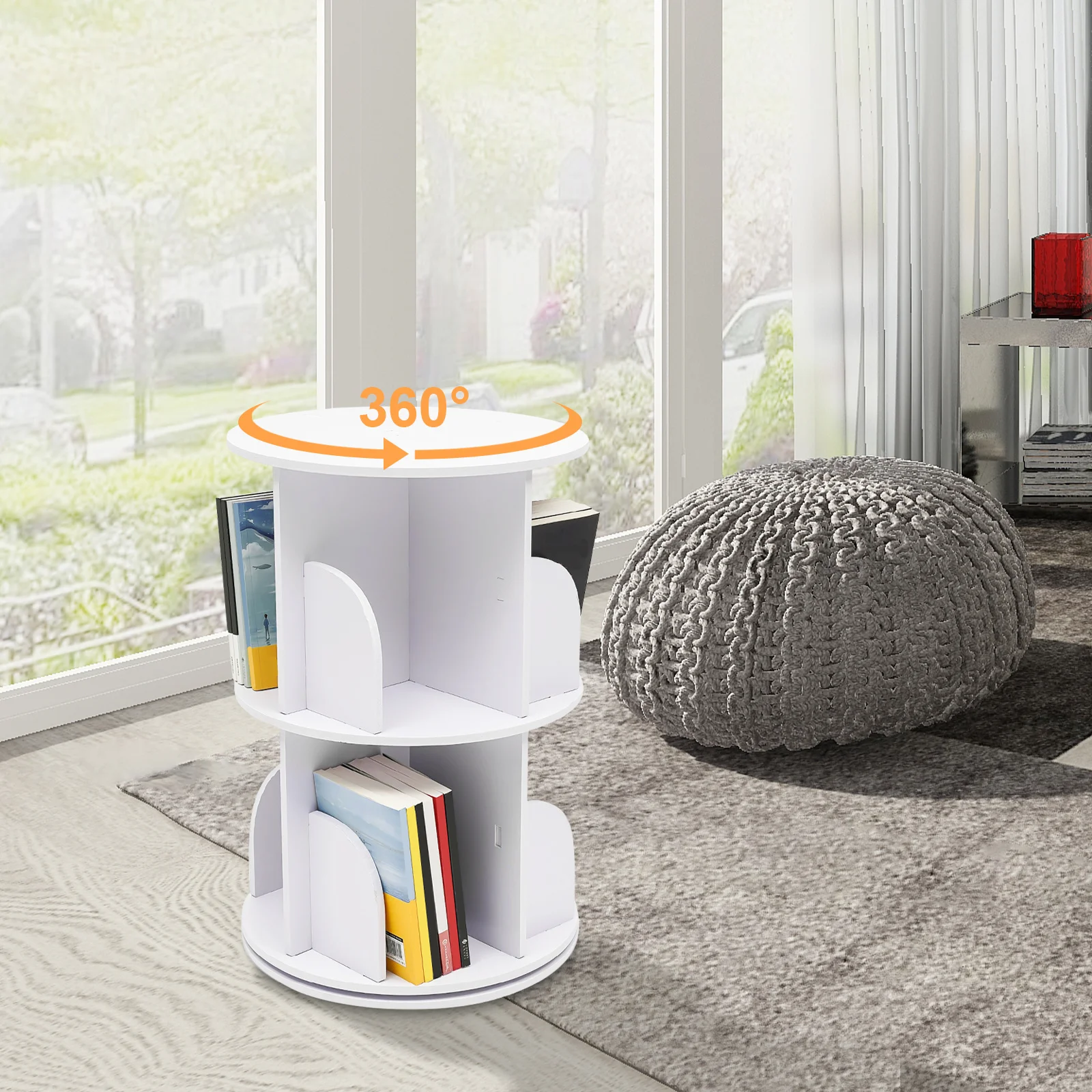 2-stöckiges Drehbares Bücherregal, 360° °   Geräuscharmes, drehbares Bücherregal mit 8 Fächern, 60 kg Tragkraft, PVC-Aufbewahrungsregal für Schlafzimmer und Wohnzimmer, freistehend, weiß, einfache