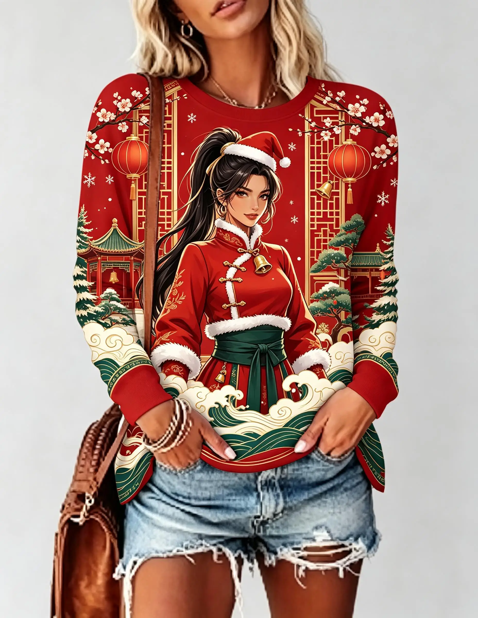 Women Christmas Long Sleeve T‑Shirt Chinese Style Beauty Lantern Plum Blossom Winter Print Crew Neck Tops