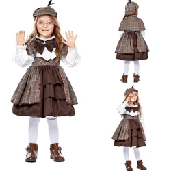 634C Kids Girls British Preppy Cosplays Costumes Sherlocks Detective Deerstalker Hat Bowtie Funny Eyewear Dress and Wrap Set