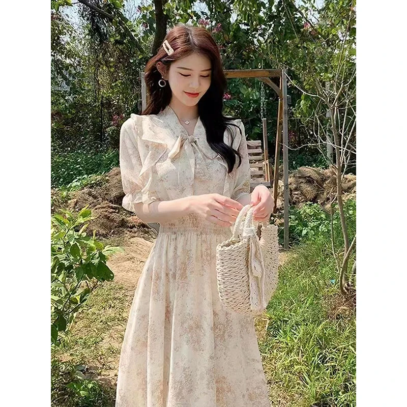 프랑스 여름 플로럴 랩 드레스 여성 우아한 A라인 미디 티 파티 생일 드레스 보헤미안 시크 빈티지 플로럴 프린트 페어리 프린세스