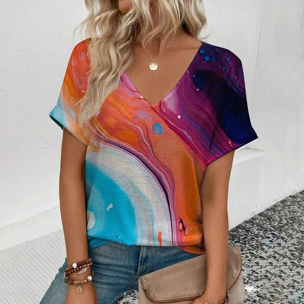 

Women's Large Size Short Sleeve V-Neck T-Shirt Color Tassel Pattern Top Fashion Casual Women's Quick Drying Comfortable T-Shirt