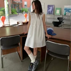 Korean Style Retro round Neck Sleeveless Pleated Design  Knot Small Size Vest Dress Women's Simple A-Line Summer Dress