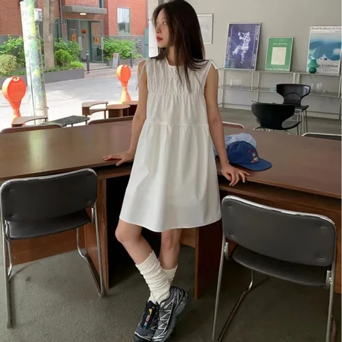 한국어 스타일 유행 빈티지 라운드 넥 민소매 프릴 디자인 활 매듭 여성을위한 몸집이 작은 조끼 드레스 